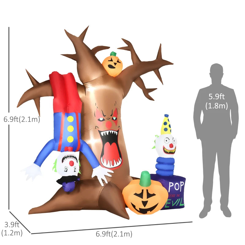 7ft Inflatable Halloween Ghost Tree with Clown Pumpkins - LED Blow-Up Outdoor Decoration for Lawn, Garden & Party