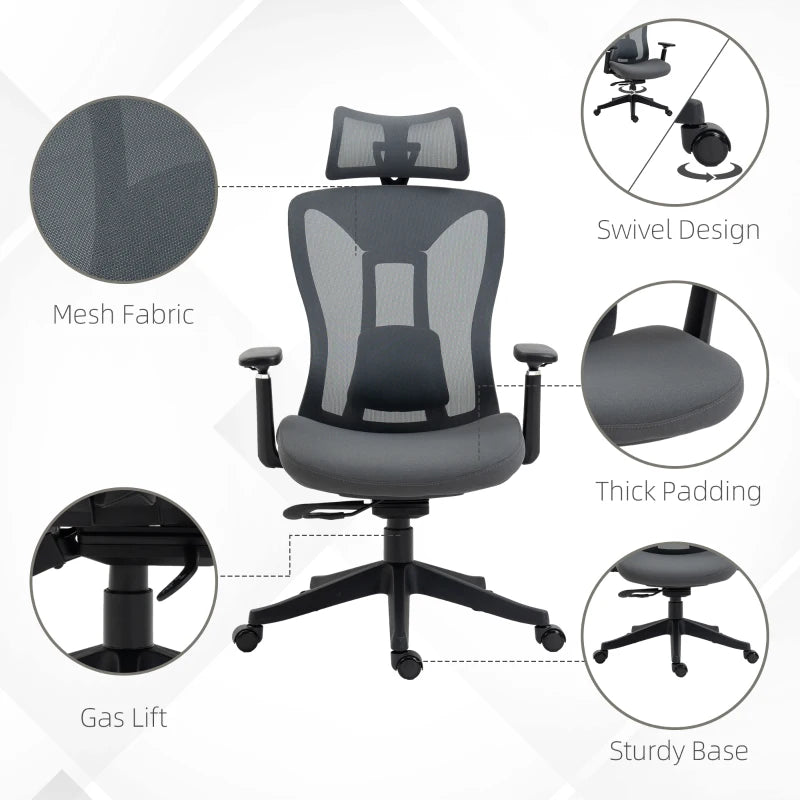 Vinsetto Ergonomic Mesh Office Chair with Adjustable Headrest, Lumbar Support, 135° Recline & 3D Armrests - Grey