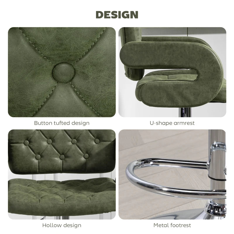 Green PU Leather Swivel Bar Stool - Height Adjustable, Upholstered with Back, Armrest & Footrest for Comfort