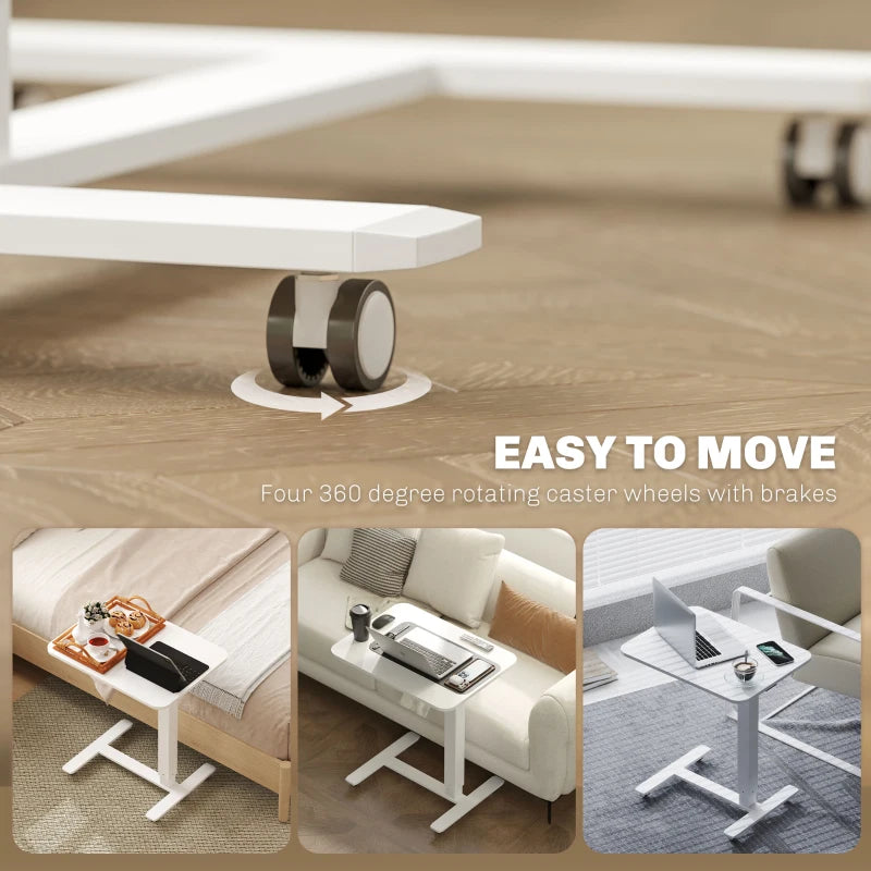 Height Adjustable Pneumatic Standing Desk - Mobile Overbed Table with Wheels for Home Office & Laptop - White Finish