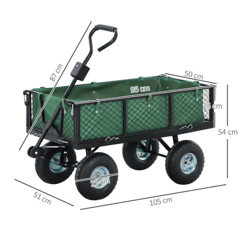 114L Green Steel Frame Garden Cart Trolley - Heavy Duty Outdoor Utility Wagon