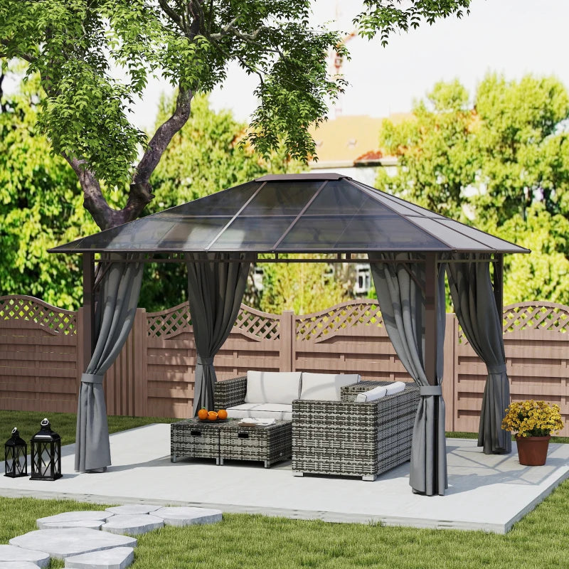 3 x 3.6m Hardtop Gazebo Canopy - Dark Grey Polycarbonate Roof Garden Pavilion with Removable Curtains and Steel Frame