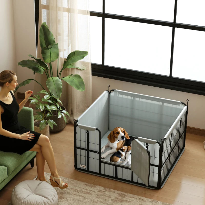 Steel Dog Whelping Box with Washable Pad and Wind-Resistant Cloth for Small and Medium Dogs 102x102x60cm