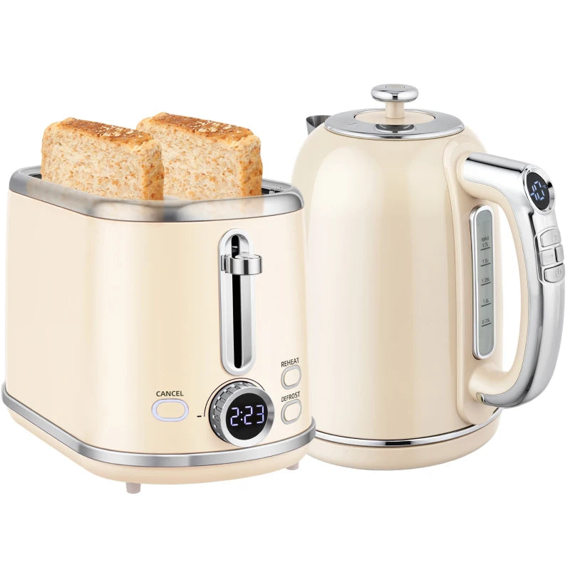 Polished Retro Cream Kettle and Toaster Set - Stylish 40-100°C Temperature Control for Modern Kitchens