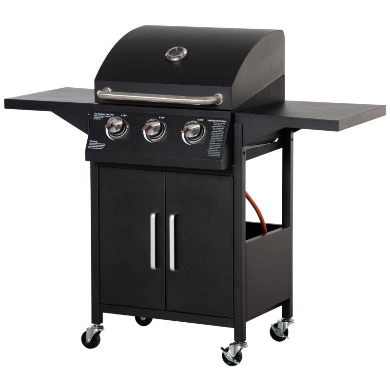 Black 3-Burner Gas BBQ Grill with Side Shelves & Storage Cabinet