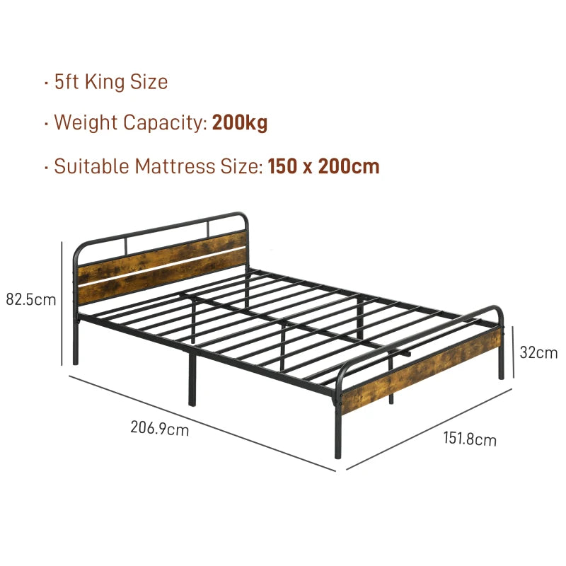 Industrial-Style King Bed Frame - Sturdy Black & Brown Metal Design for Modern Bedrooms - Stylish & Durable Sleep Solution