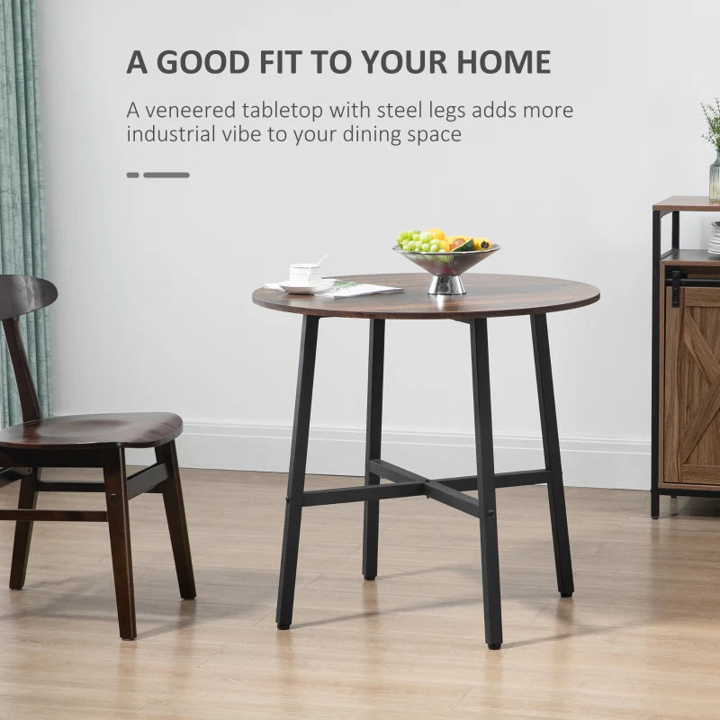 85cm Round Dining Table - Industrial Style Kitchen Table with Rustic Brown Finish & Sturdy Steel Legs