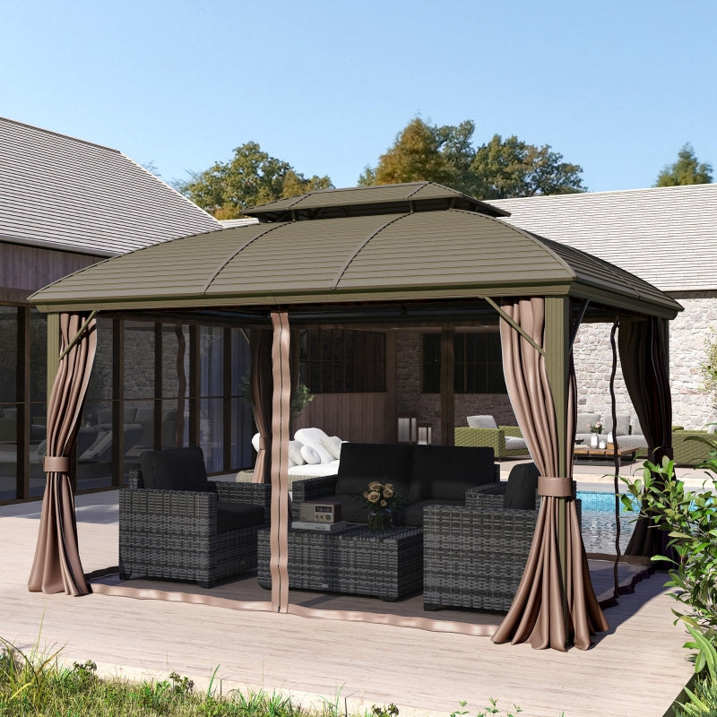 3.65m x 3m Hardtop Steel Gazebo Canopy - Aluminium Frame, Double Roof, Net Sidewalls & Curtains in Coffee