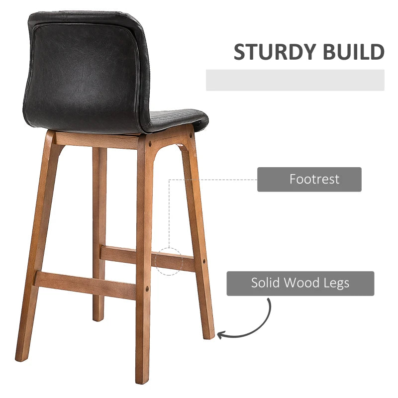 Modern Bar Stools Set of 2 - PU Leather Upholstered Chairs with Wooden Frame & Footrest for Home Bar & Dining Room