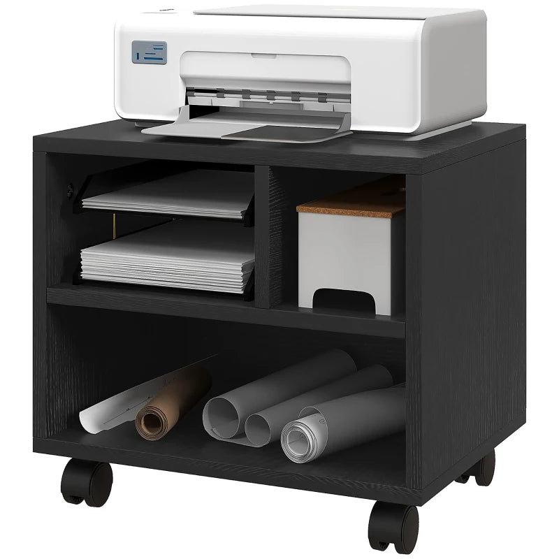 Black Three-Compartment Printer Cabinet on Wheels - Stylish & Functional Storage Solution for Home Office or Workspace