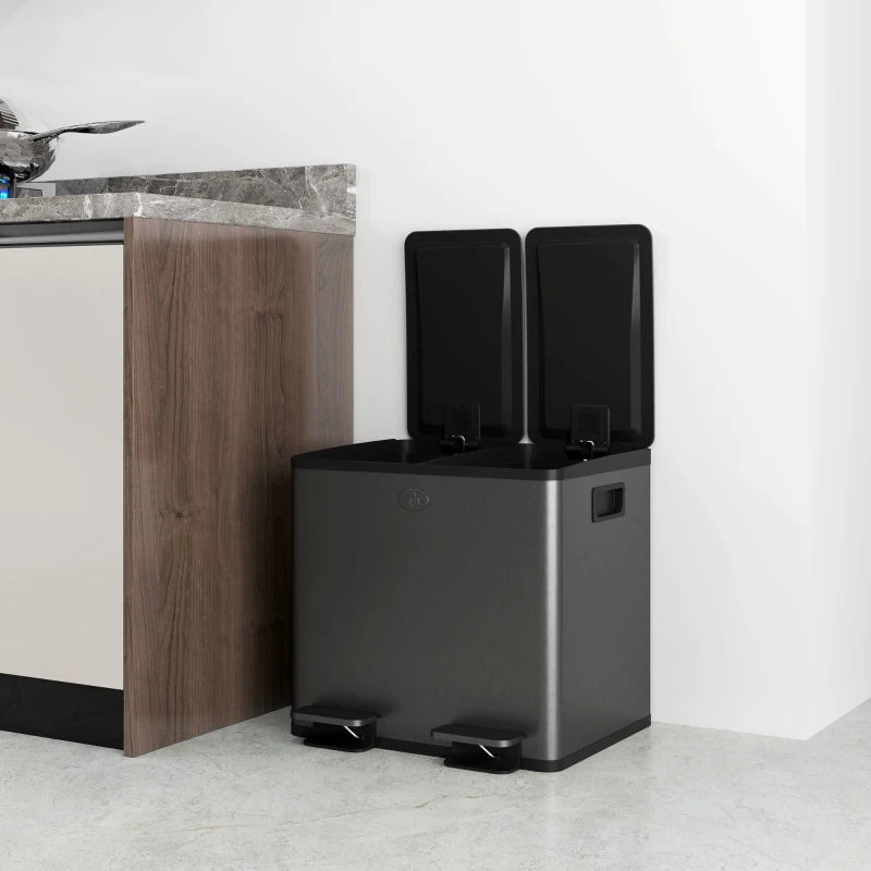 30L Dual Compartment Stainless Steel Trash Bin with Deodoriser Holders - Stylish Black Waste Solution for Home & Office