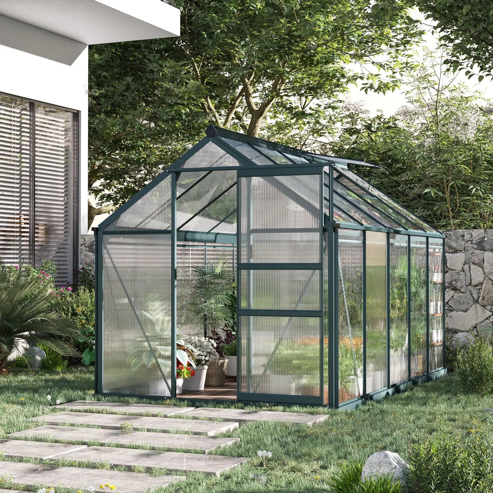 6ft x 10ft Large Dark Green Polycarbonate Greenhouse with Slide Door and Window