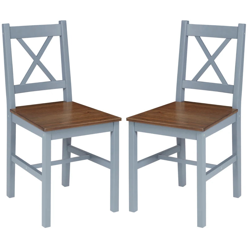 Set of 2 Grey Pine Wood Dining Chairs with Cross Back Design - Solid Kitchen & Living Room Seating