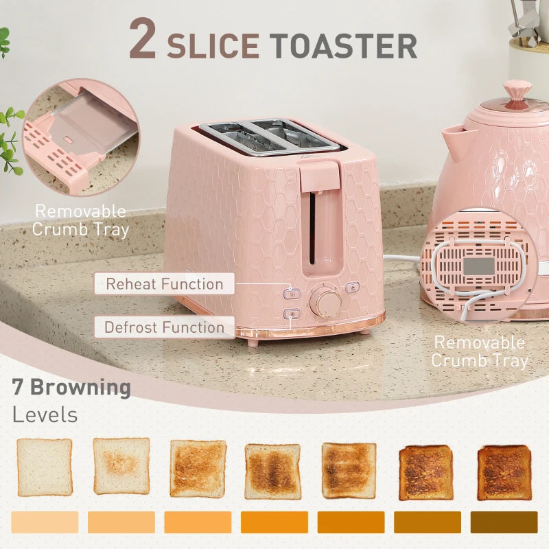 Light Pink 1.7L Fast Boil Kettle & 2 Slice Toaster Set - 3000W, Auto Shut Off, Browning Controls
