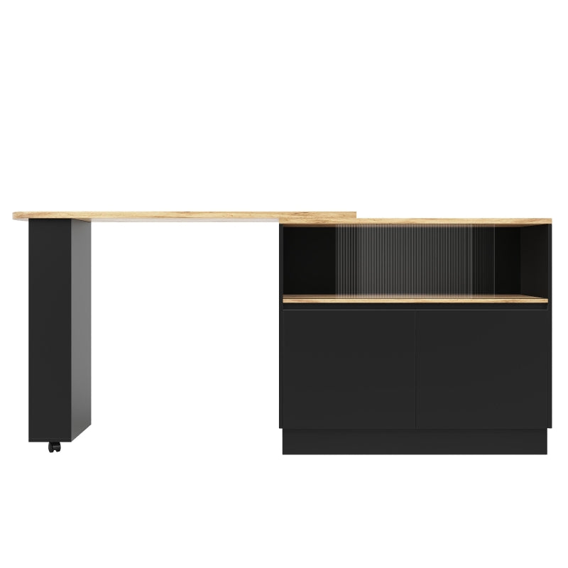 360° Swiveling Black Dining Bar Cabinet with Sliding Glass Doors & Open Shelves - Rotating Table, 90L x 120W x 100H cm