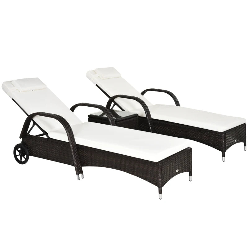 Brown Rattan Outdoor Recliner Set with Wheels and Cushions