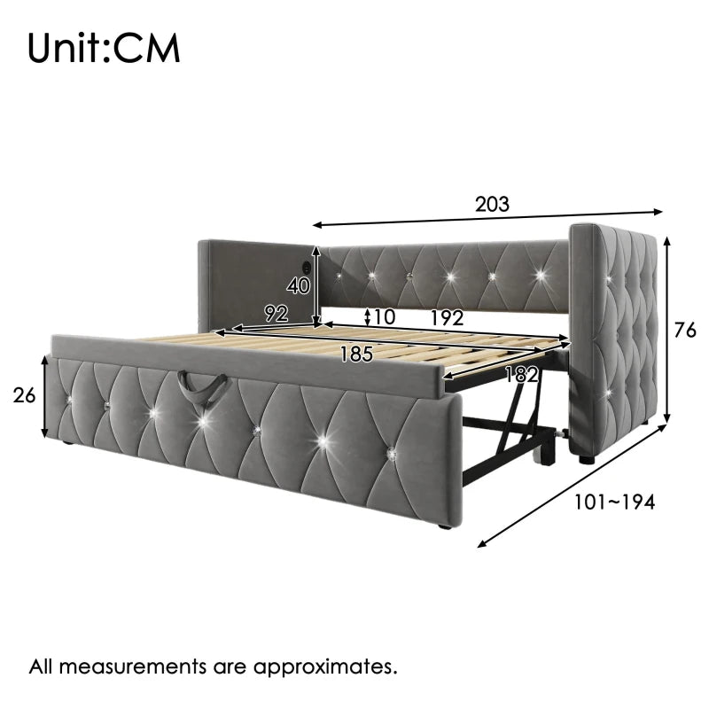 Elegant Velvet Upholstered Daybed with USB & Type C Ports, Pull-Out Trundle, Grey Sofa Bed for Bedroom, 203x101-194x76 cm