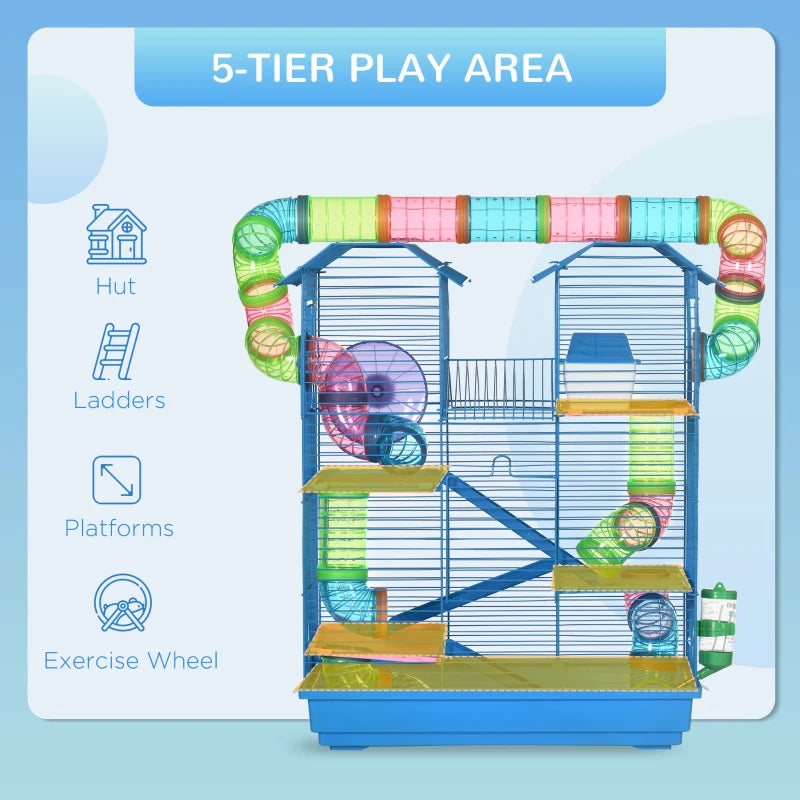 5-Tier Hamster Cage with Exercise Wheels, Tunnel Tube, Water Bottle & Dishes - Blue Habitat for Dwarf Mice