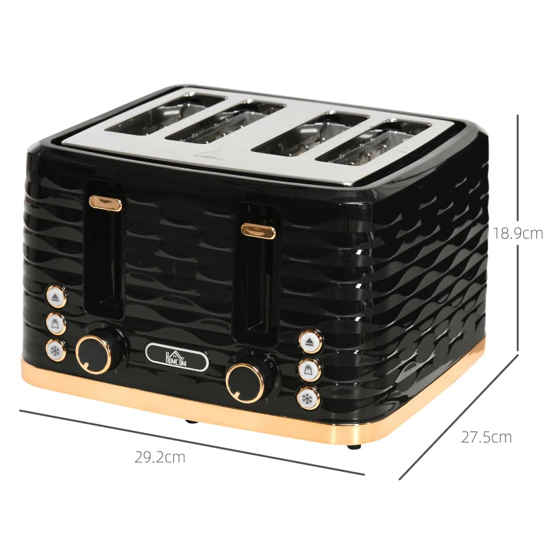 Premium Four-Slice Rippled Toaster in Black - Stylish Design, Fast Toasting, Perfect for Family Breakfasts