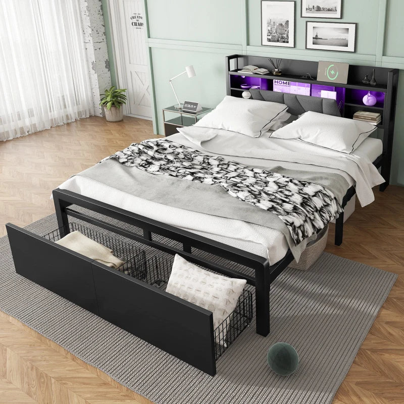 Modern Metal Bed Frame with LED Lights & Charging Ports, Storage Drawers, Padded Headboard, 209x137.5x100 cm, Black