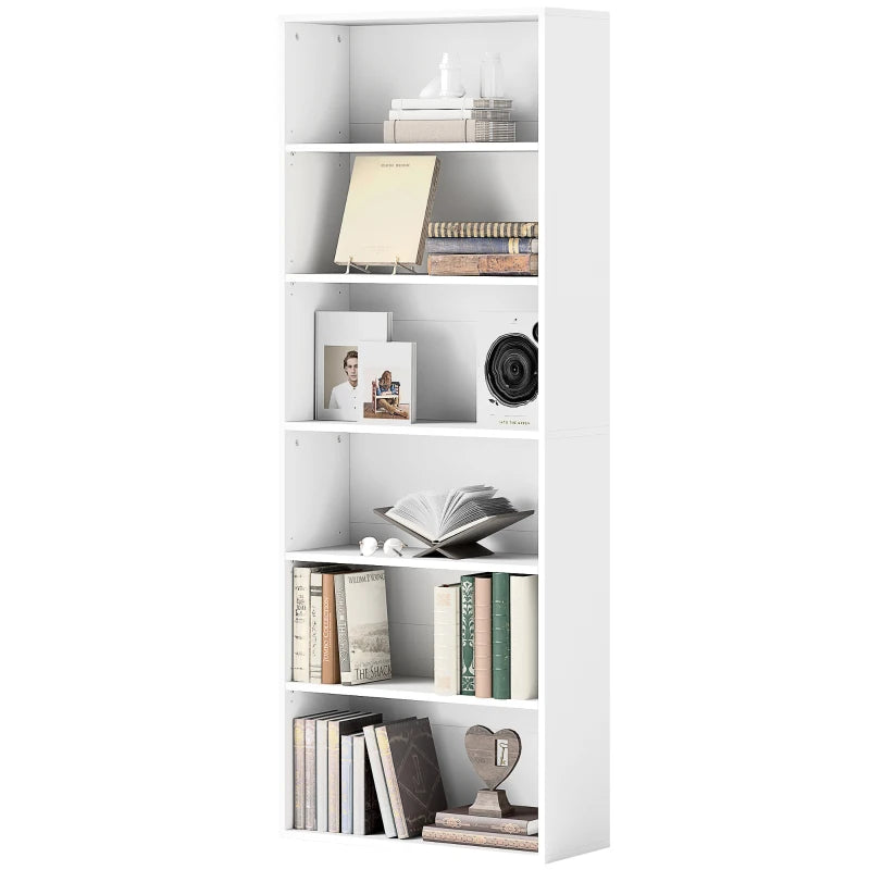 Modern White Six Shelf Bookcase - Stylish Storage Solution for Home or Office, Perfect for Organizing Books and Decor