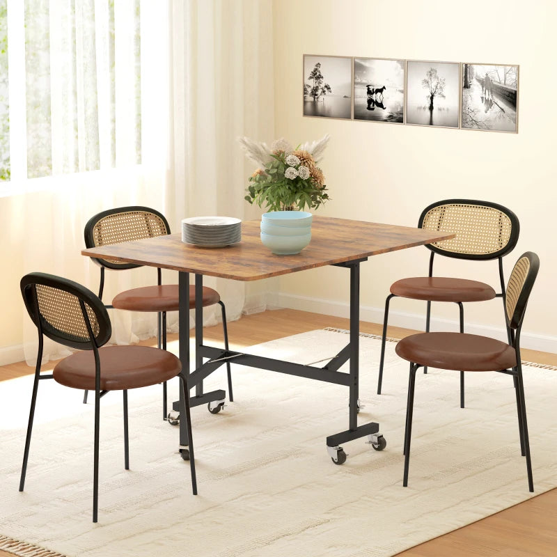 Versatile Six-Seater Drop-Leaf Dining Table on Wheels - Stylish Brown Wood-Effect for Space-Saving Dining Solutions