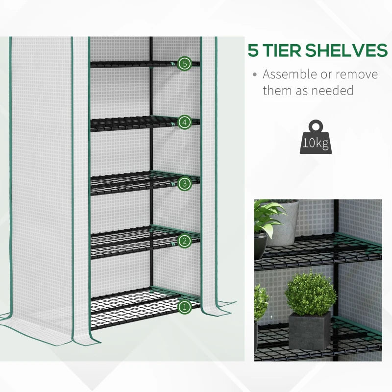 Portable White 5 Tier Mini Greenhouse with Roll-up Door, 193H x 90W x 49Dcm