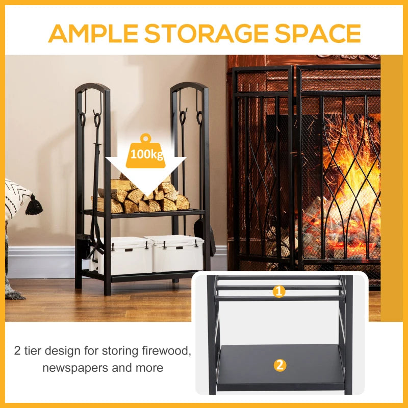 Metal Firewood Log Holder Rack - 2 Layer Indoor Outdoor Fireplace Wood Storage with Tools & Hooks, Black, 40L x 30W x 74.5H cm