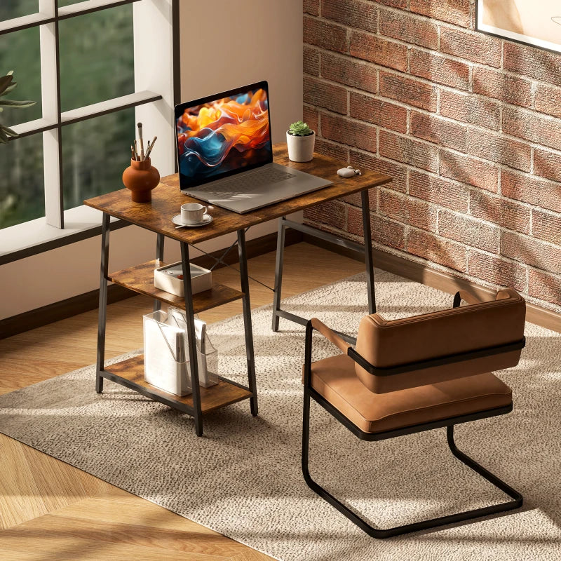 100cm Industrial Computer Desk with Storage - Rustic Brown Home Office Table, 2 Tier Shelves & Steel Frame for Study Room