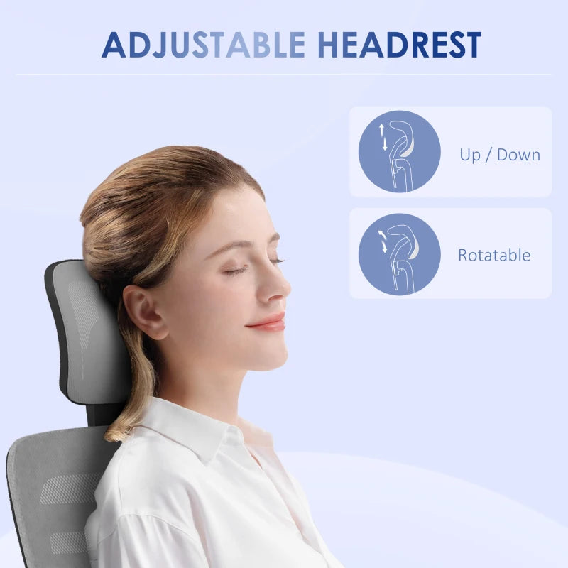 Vinsetto Ergonomic Mesh Office Chair with Rotatable Headrest, Lumbar Support & Armrests - Stylish Grey Desk Chair