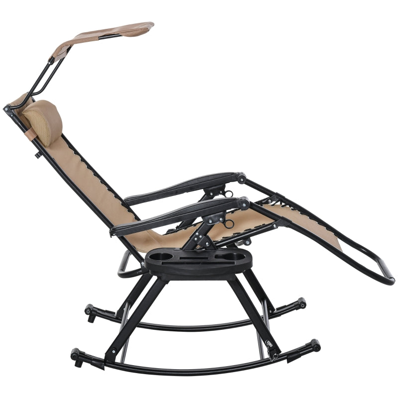 Beige Folding Rocking Sun Lounger Chair with Headrest and Side Holder