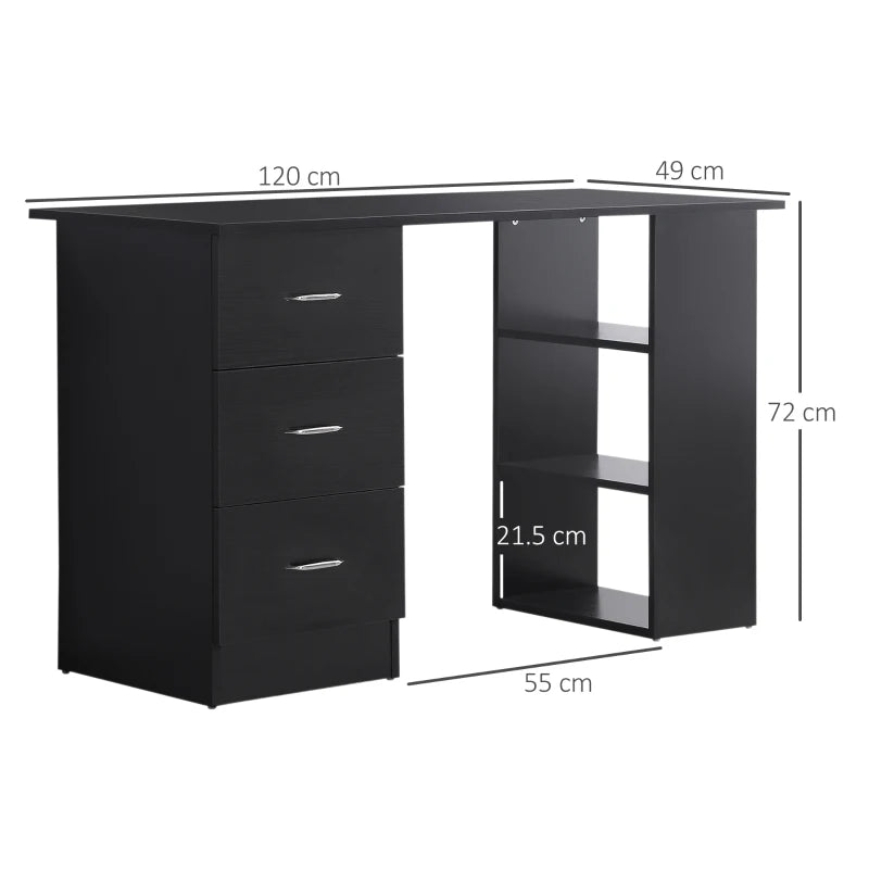 Modern Black Computer Desk with 3 Storage Shelves & Drawers, Stylish Writing Table for Home Office, Silver Handle Workstation