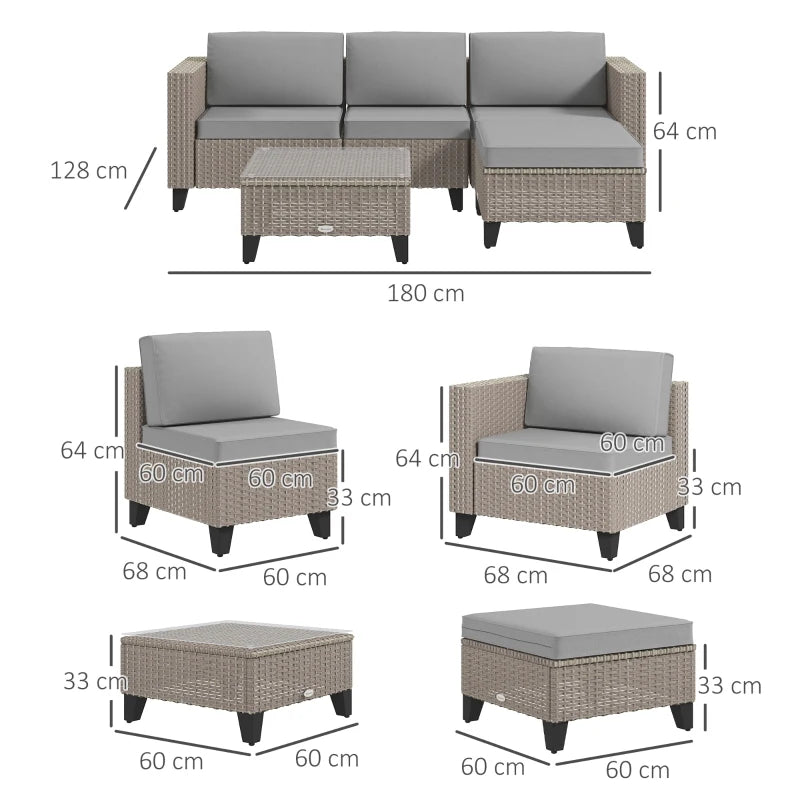 5-Piece Rattan Patio Furniture Set with Corner Sofa, Footstools, Coffee Table