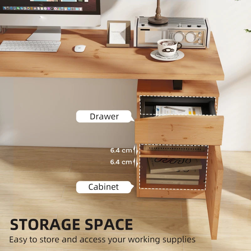 Modern Computer Desk with Cabinet & Drawer - Stylish Writing Desk for Home Office & Study - Metal Legs, Natural Wood Finish