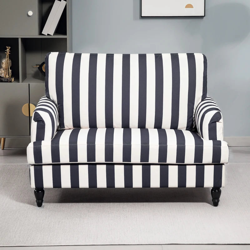 Stylish Velvet Cuddle Chair with Striped Design, Turned Legs and Spacious Seat for Living Room or Bedroom