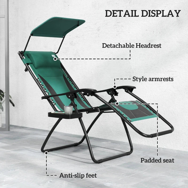 Sun Lounger Chair Set of 2 - Folding Reclining Patio Chairs with Shade Cover, Padded Seat, Cup Holder, Soft Cushion and Headrest - Green