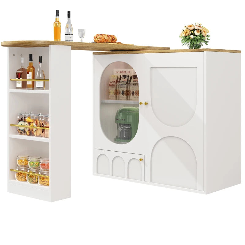 360° Rotating Bar Table with Storage Shelves & Metal Handles - Multi-Functional Dining Table & Sideboard, White, 204L x 39W x 105H cm