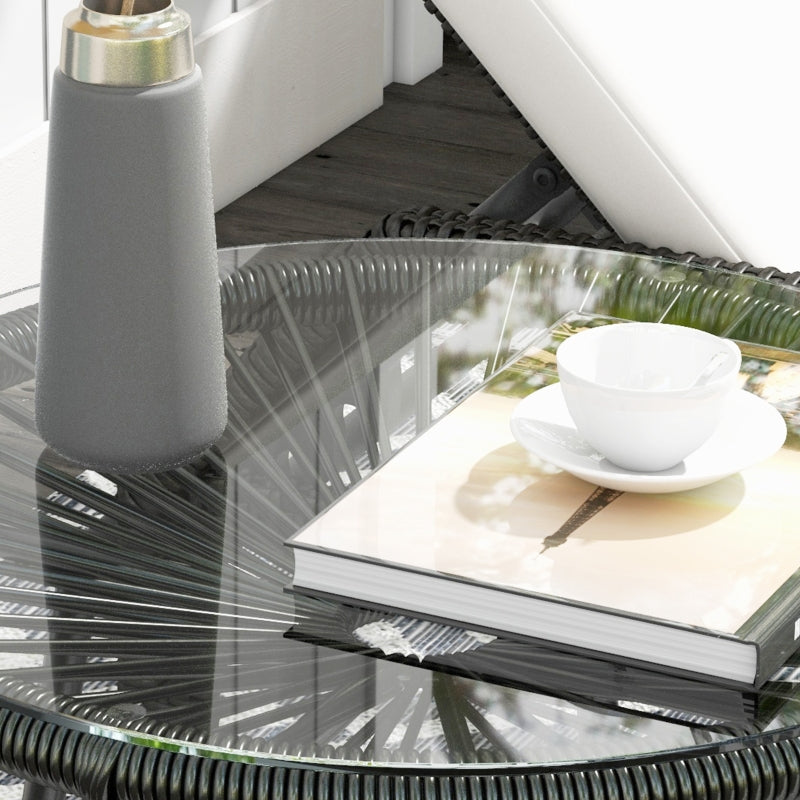 Round Black Rattan Side Table - Outdoor Coffee Table with Tempered Glass Top for Patio, Garden, Balcony - 18" Diameter