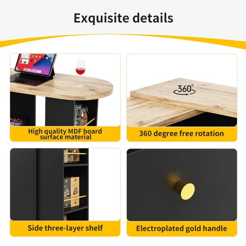 360° Swiveling Bar Table with 2 Drawers & Multi-Tiered Shelves - Stylish Storage Cabinet for Living Room & Study, Black