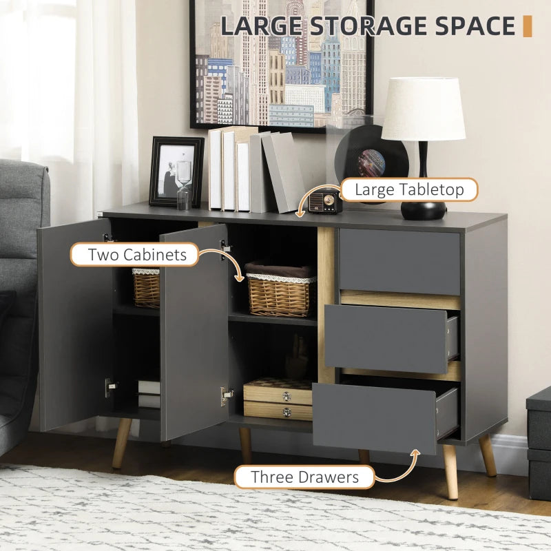 Modern Dark Grey Sideboard - Kitchen Cupboard with Double Doors, 3 Drawers & Adjustable Shelves for Living Dining Room