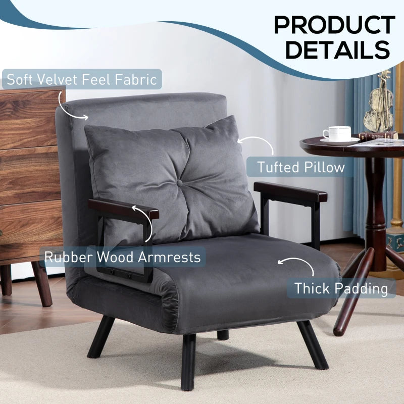 Velvet-Feel Charcoal Grey Single Chair Bed with Pillow - Versatile 4-in-1 Design for Comfort and Style