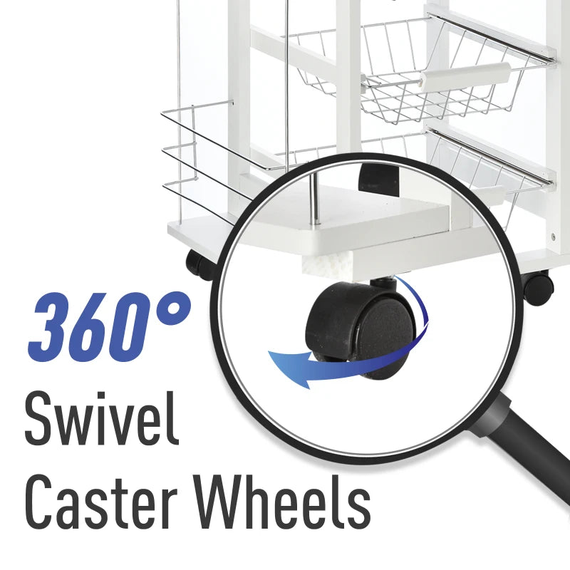 Rolling Kitchen Cart with 4 Basket Drawers & Side Racks - Mobile Utility Storage Cart on Wheels for Dining Room - White