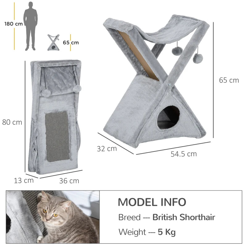 Two Tier Cat Tree for Indoor Cats - Plush Folding Activity Tower with Scratching Post, Hammock & Pom Poms - Grey