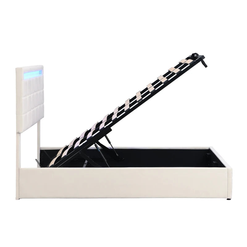 Elegant Velvet Upholstered Double Bed with Storage & LED Lights - Iron Frame, 199x150x123 cm, Beige - Modern Bedroom Furniture