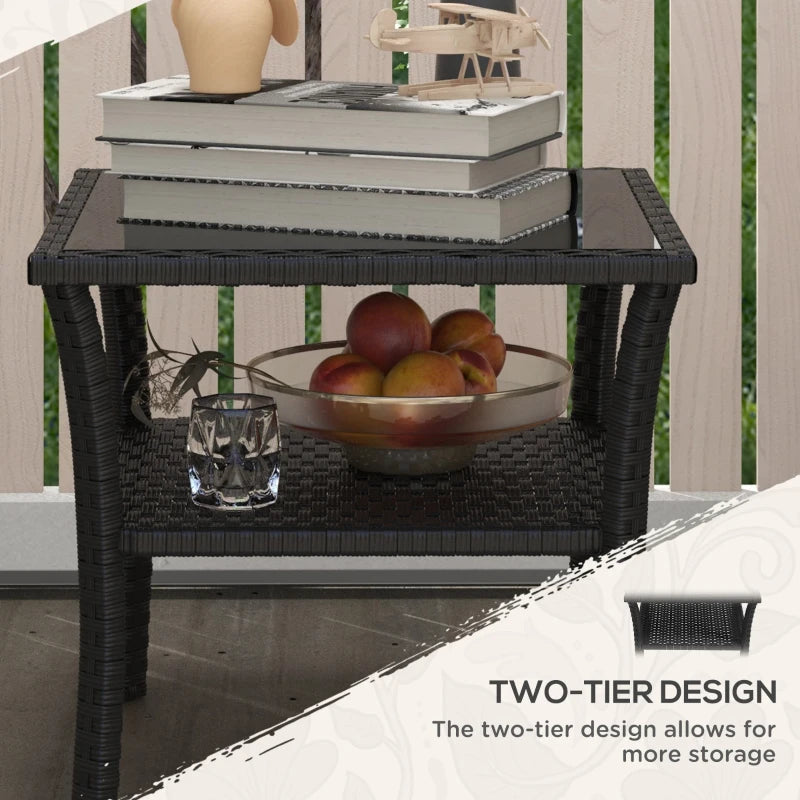 Black Two-Tier PE Rattan Square Coffee Table for Outdoor Patio and Garden