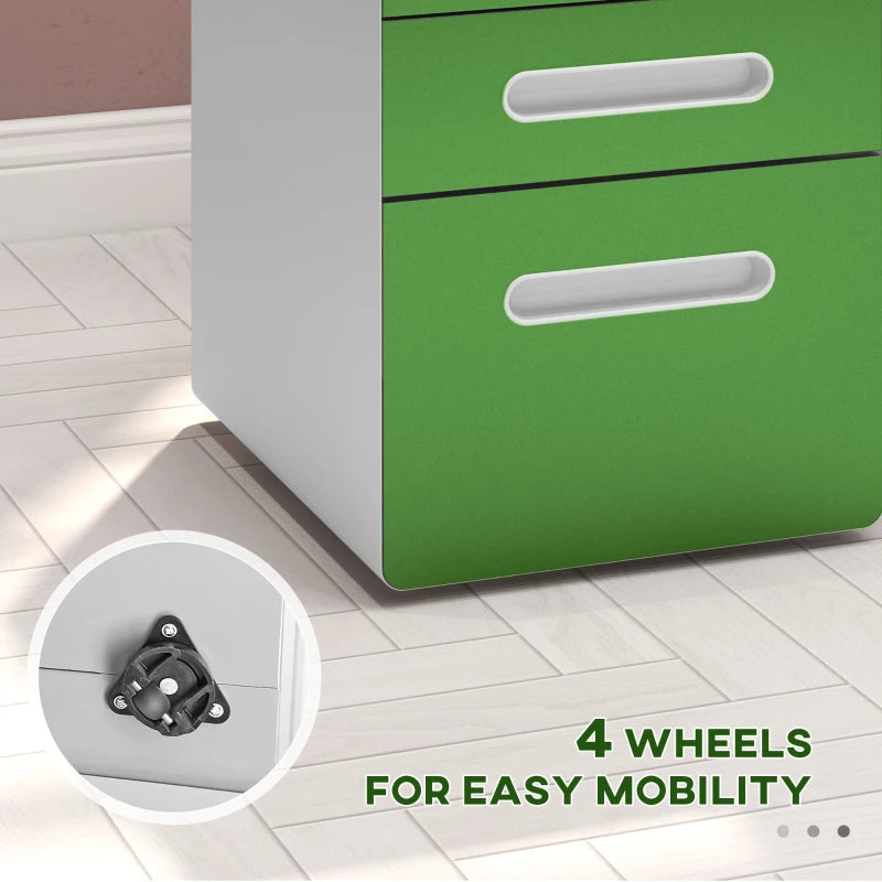 Vinsetto Lockable 3 Drawer Filing Cabinet on Wheels - Steel File Storage for A4, Letter, Legal Files - Green