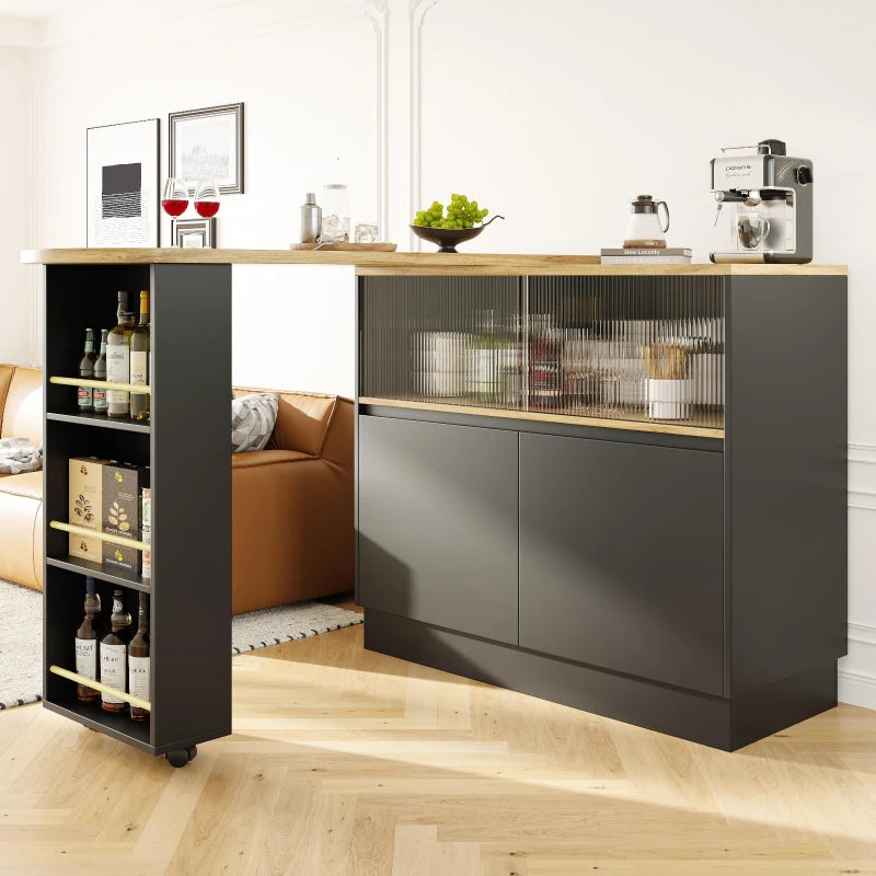 360° Swiveling Black Dining Bar Cabinet with Sliding Glass Doors & Open Shelves - Rotating Table, 90L x 120W x 100H cm