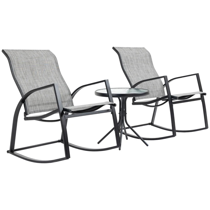 Grey Rocking Chair Bistro Set with Glass Table for Outdoor Spaces