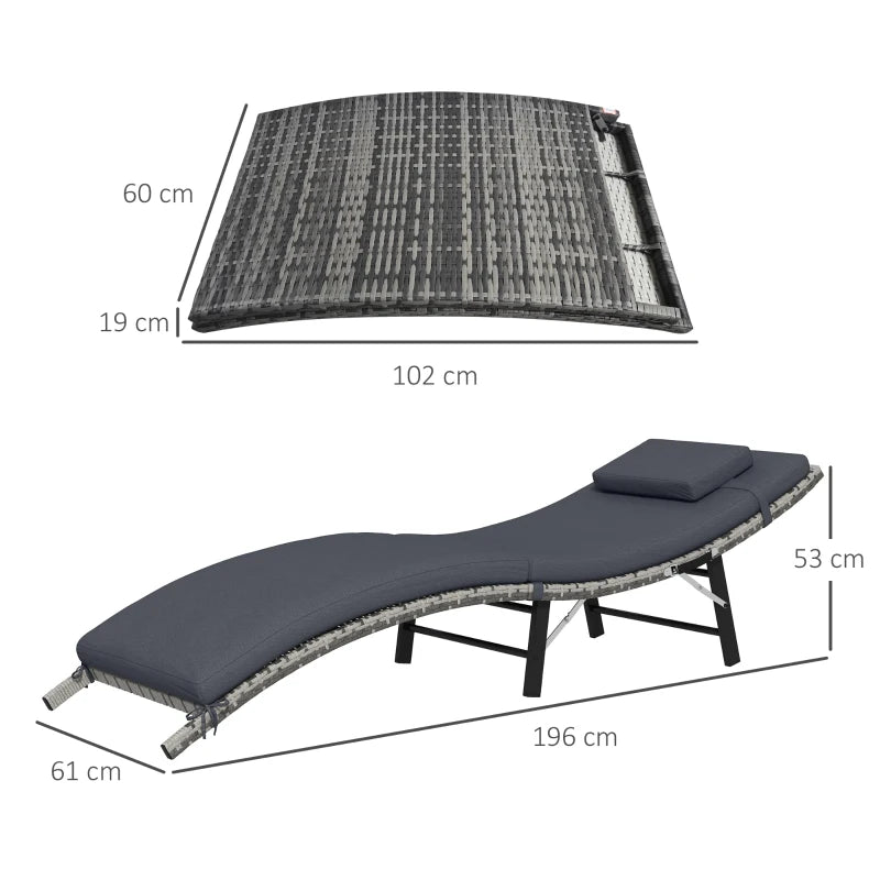 Grey Rattan Folding Sun Lounger with Cushion and Pillow