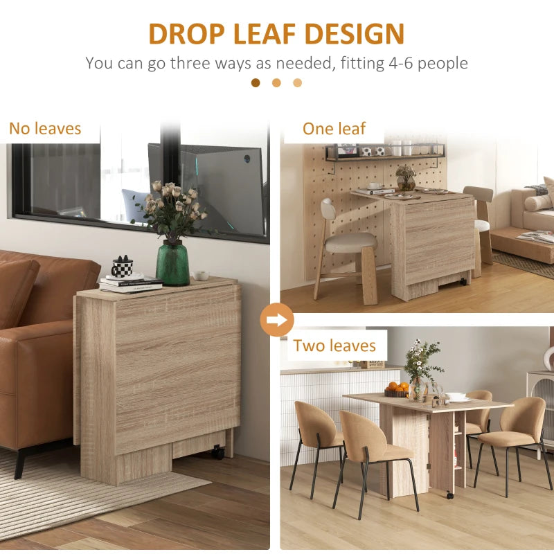 Folding Drop Leaf Dining Table for Small Spaces - 2-Tier Shelves & Rolling Casters - Natural Finish Kitchen Table
